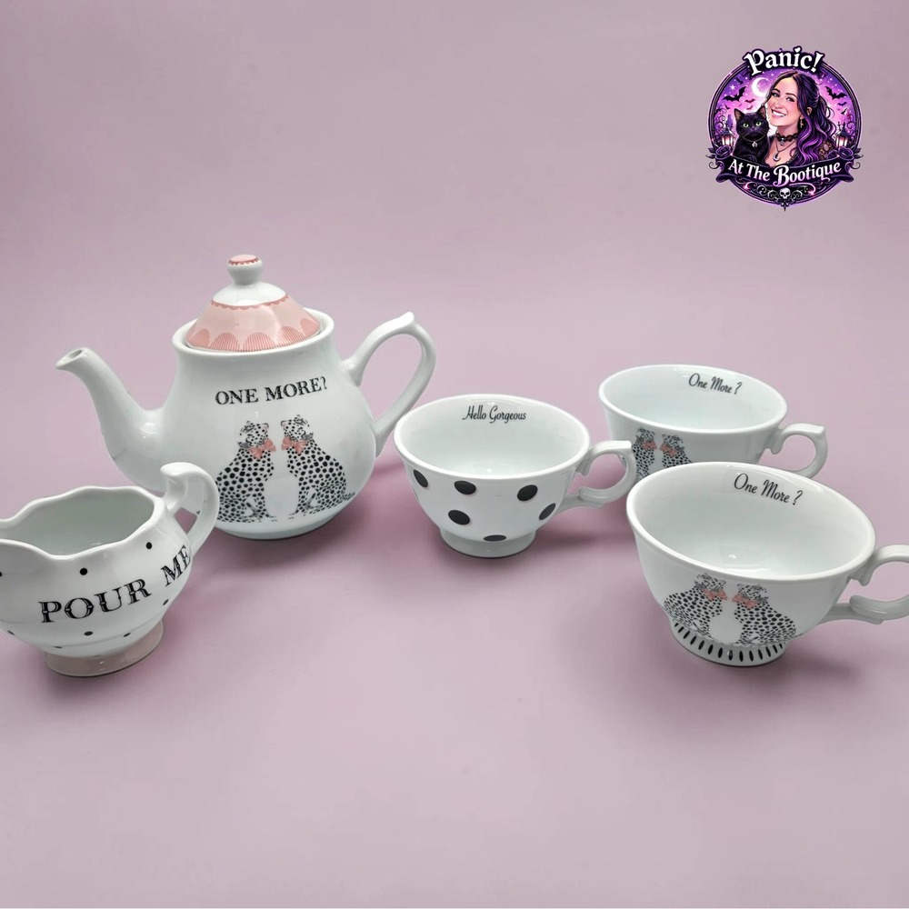 Ellen Studio Magenta Tea Set Ceramic Pink Cheetah Polka Dot Whimsical 5pc Teapot